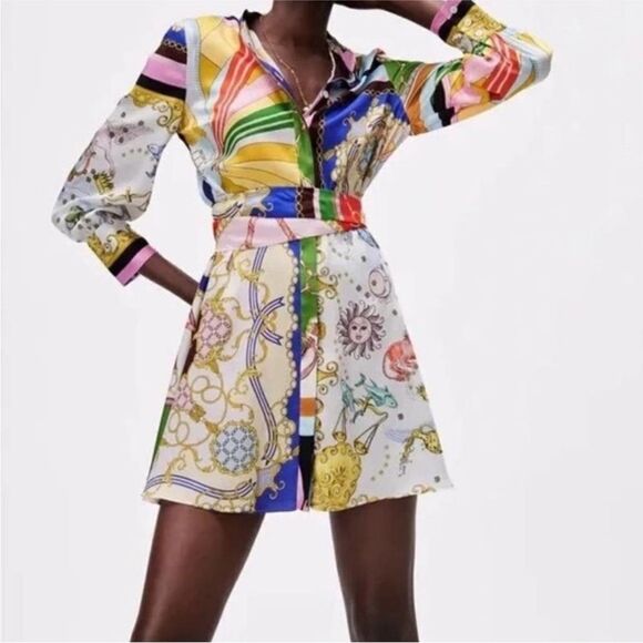Zara Dresses & Skirts - Zara Zodiac Printed Long Sleeve Belted Shirt Dress | XS
